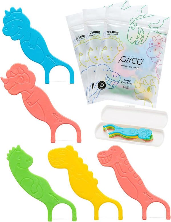 Unflavored Kids Floss, No Fluoride Dual Line Dental Floss Picks, 240 Count Dino & Travel Case