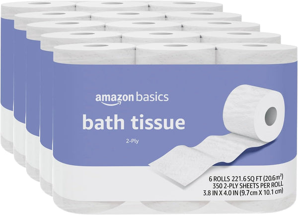 Amazon Basics 2-Ply Toilet Paper, 30 Rolls = 120 Regular Rolls, Unscented, 350 Sheets (Pack of 30)