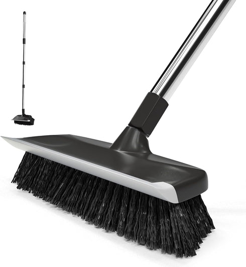 ITTAR 10" Wide Multi-Purpose Scrub Brush with Long Handle, Heavy-Duty Shower Scrubber for Deck, Patio, Kitchen, Black