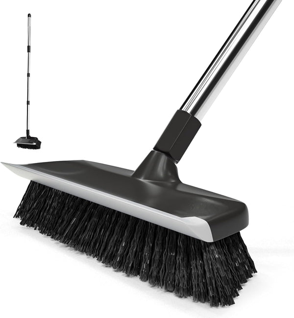 ITTAR 10" Wide Multi-Purpose Scrub Brush with Long Handle, Heavy-Duty Shower Scrubber for Deck, Patio, Kitchen, Black