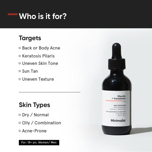 Minimalist 11% Glycolic & Tranexamic Acid Body Exfoliator - Smooth & Even Skin, 2 Fl Oz for Women & Men