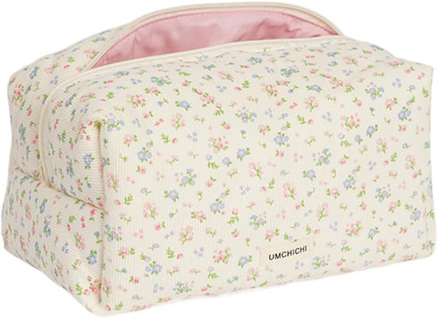 Umchichi Floral Large Cosmetic Bag for Women, Travel Toiletry Bag, Large Cotton Makeup Storage