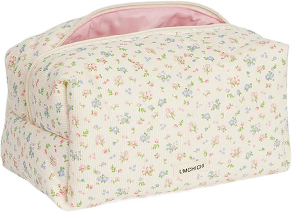 Umchichi Floral Large Cosmetic Bag for Women, Travel Toiletry Bag, Large Cotton Makeup Storage