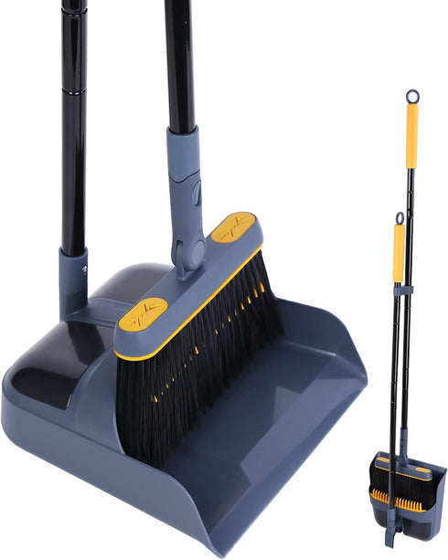 JEHONN Broom and Dustpan Set, 54 Inches Long Handle, Lightweight Indoor Upright Dust Pan with Comb Teeth for Home