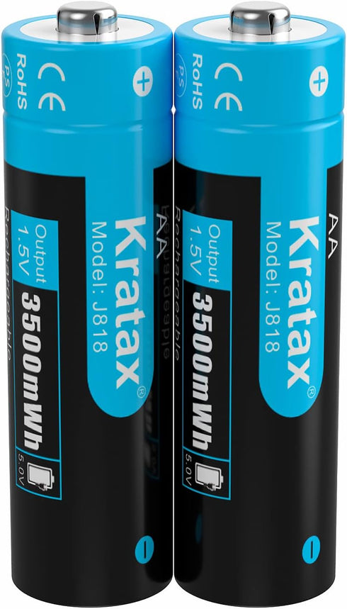 Kratax 1.5V AA Lithium Rechargeable Batteries (2 Pack) - High Capacity 3500mWh, Precharged, 1600 Cycles