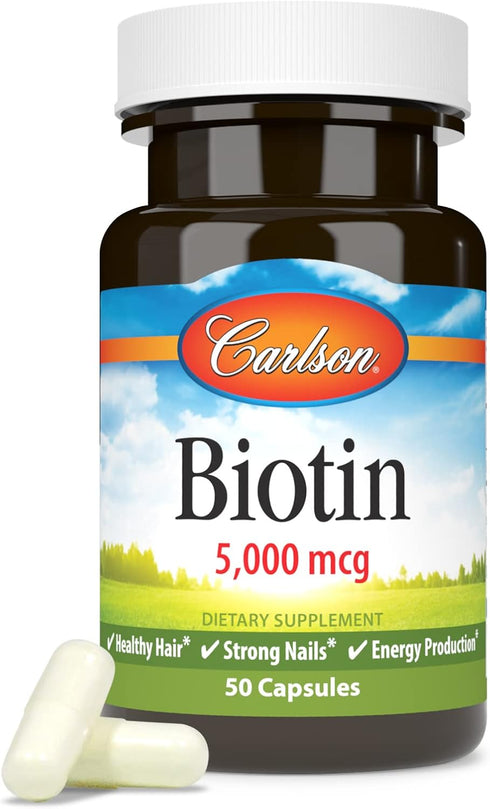 Carlson Biotin 5000 mcg - 50 Capsules for Healthy Hair, Strong Nails & Energy Production.