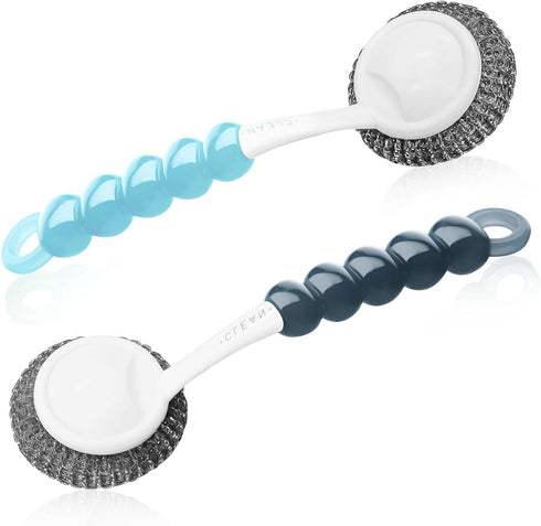 Stainless Steel Scrubber Dish Brush with Handle, Metal Scrubbers for Cleaning Dishes, Pots, Pans, Grills, Sinks