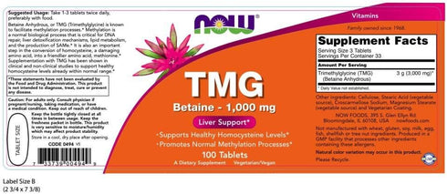 NOW Supplements, TMG Betaine (Trimethylglycine) 1,000 mg, Liver Support*, 100 Tablets