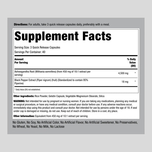 Piping Rock Ashwagandha Capsules 4500mg | 120 Count | Concentrated Root Extract | with Black Pepper | Herbal Supplement | Non-GMO, Gluten Free
