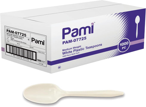 PAMI 1000-Pack Medium Weight Disposable Plastic Teaspoons, Bulk White Silverware for Parties, Weddings, and Catering