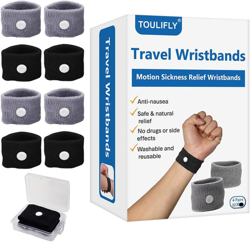 TOULIFLY Travel Wristbands, Natural Motion Sickness Relief Wrist Band, Grey + Black