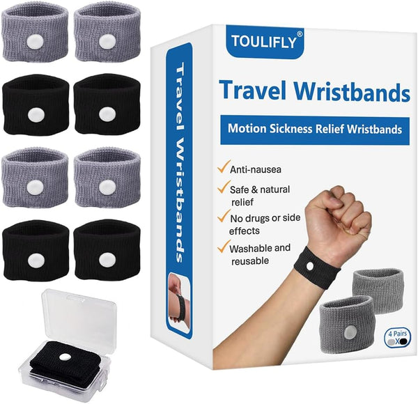 TOULIFLY Travel Wristbands, Natural Motion Sickness Relief Wrist Band, Grey + Black