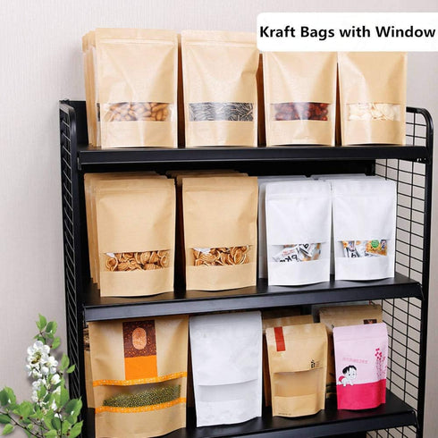 50 pcs Kraft Bags with Window Stand Up Ziplock Seal Paper Bag, Resealable Large Food Storage Pouch 1oz 3.5×5.5in