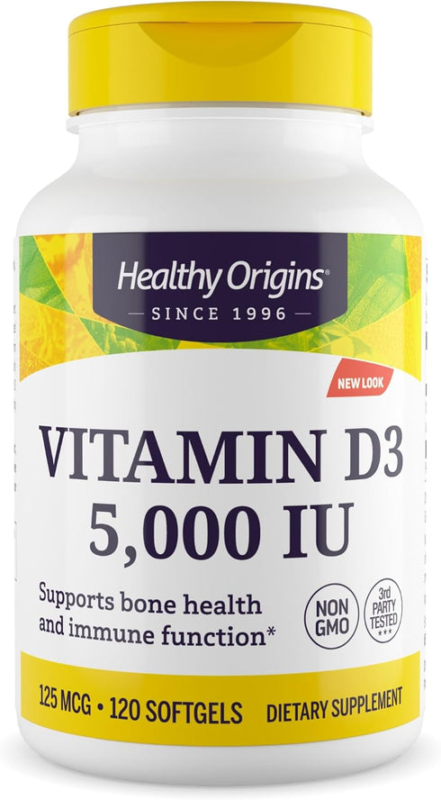 Healthy Origins Vitamin D3, 5,000 IU, 120 Softgels, Non-GMO, Bone and Immune Support