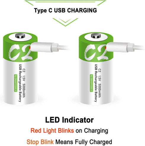 C Size Rechargeable Batteries - 2 Pack 5000mWh Lithium ion 1.5V with USB A to Type C Charger
