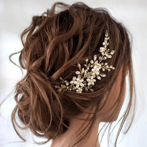 JAKAWIN Bridal Hair Comb, Pearl Flower Hair Piece, Rhinestone Hair Accessories for Women HC034 (Gold)