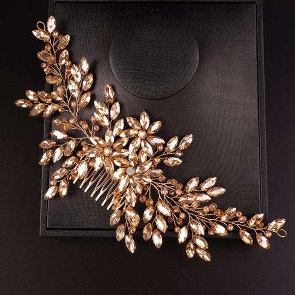 Women’s Dainty Large Champagne Flower Crystal Pearls Hair Comb Headband, Luxurious Bridal Hair Accessories
