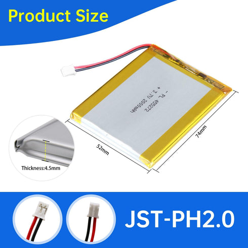455272 3.7V Lipo Battery, 2000mAh Rechargeable Lithium Polymer Battery Pack with JST PH2.0mm Connector for Electronic