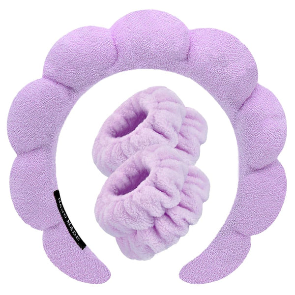 Spa Headbands for Washing Face, Wristband Set, Soft Terry Towel Cloth Hairband for Women, Puffy Headwear (Purple)