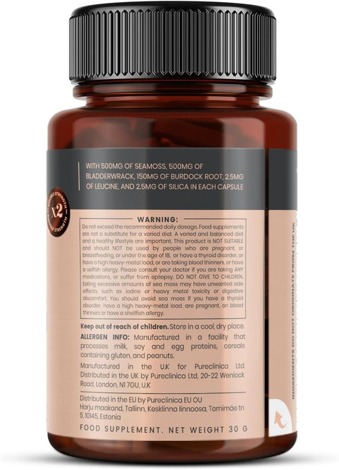 pureclinica Double Strength Seamoss Complex, 1155mg x 240 Capsules (2 Bottles of 120), 8 Months Supply