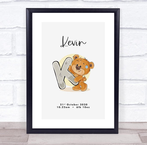 The Card Zoo New Baby Birth Details Christening Nursery Bear Initial K Keepsake Gift Print