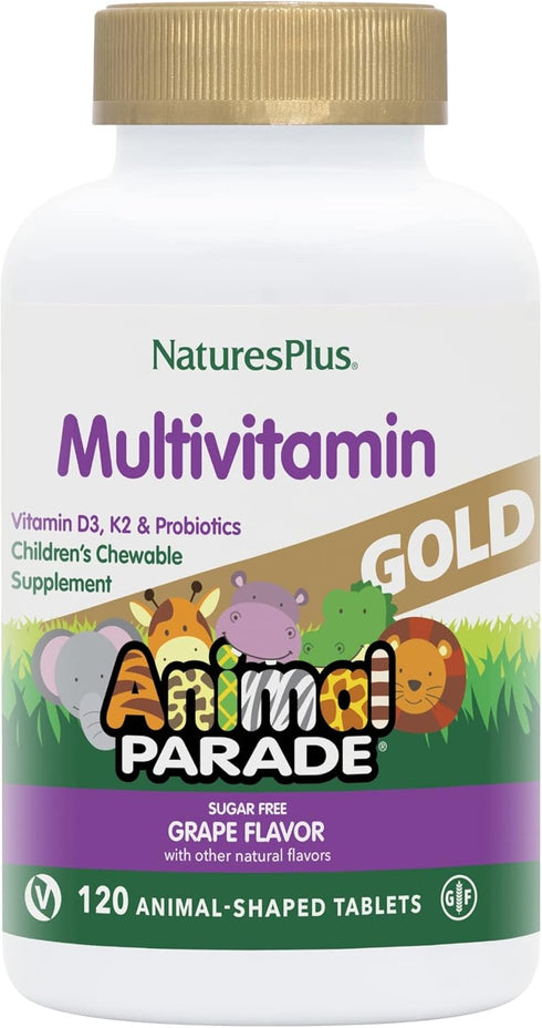 Natures Plus Animal Parade Gold Children's Multivitamin, Grape Flavor, 120 Chewable Tablets, 60 Servings