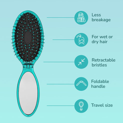 Wet Brush Pop Go Detangler, Blue Teal - Foldable Travel Brush, Ultrasoft IntelliFlex Bristles, Built-In Mirror Handle,