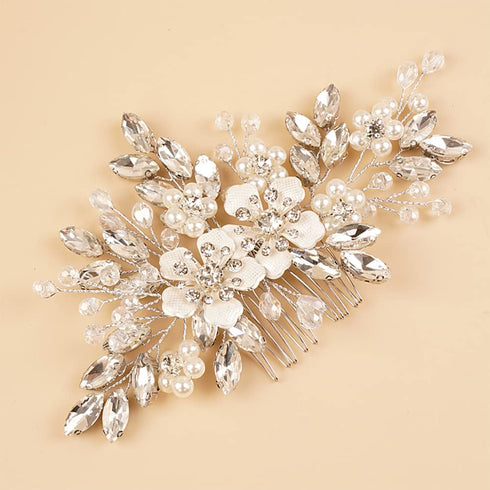 Silver Flower Rhinestones Beads Hair Comb for Women Girls Wedding Bridal Hair Piece Hair Styling Jewelry Banquet Prom (Silver)
