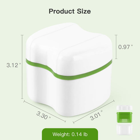 Denture Cup Bath Box Case with Strainer, Dental Retainer Cleaning Container, Light Green