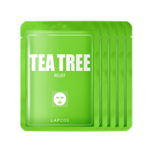 LAPCOS Tea Tree Sheet Mask, Daily Soothing Face Mask, Treats Acne & Clears Pores, Korean Beauty 5-Pack