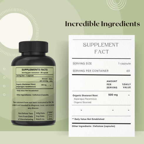 Heroot 500mg 120 Organic Shatavari Root (Asparagus racemosus) Menstrual Cramp Relief, Menopause Support, and Women's