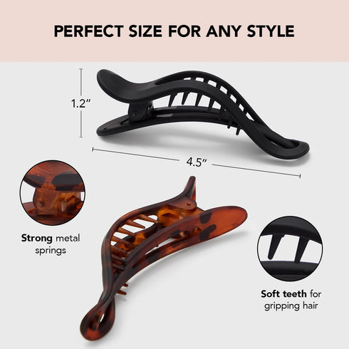 Kitsch Flat Hair Clips - Flat Claw Clips for Women | Lay Down Claw Clip for Thin & Thick Hair | Big Flat Clips for Hair | Alligator Hair Clips | Large Hair Clips for Women, 2pcs (Black&Tort)