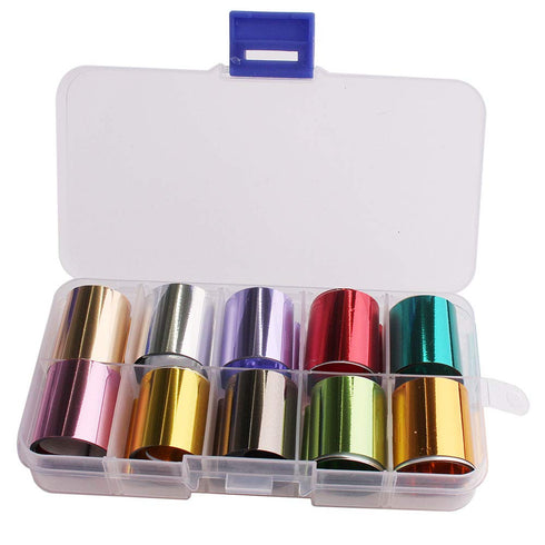 WOKOTO 10 Rolls Solid Color Nail Art Foil Stickers, Tip Mirror Design Starry Sky Adhesive Nail Transfer Decals
