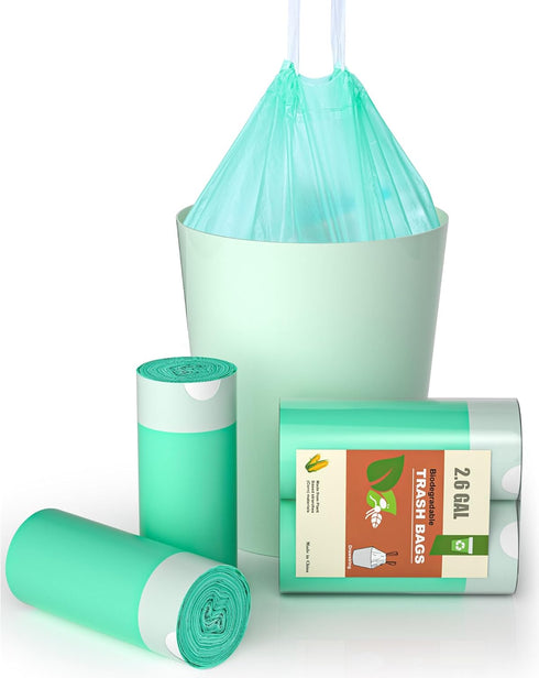 AYOTEE Small Trash Bags, 2 Gallon Drawstring Compostable Trash Bags, 50 Count Green Bathroom Waste Basket Liners