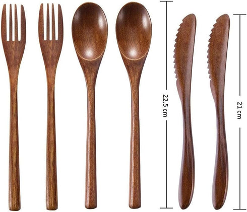 Wooden Spoon Fork Knife Eating Flatware Set - Portable Utensil Set with Case, Reusable Wooden Cutlery, 2 Spoons, 2