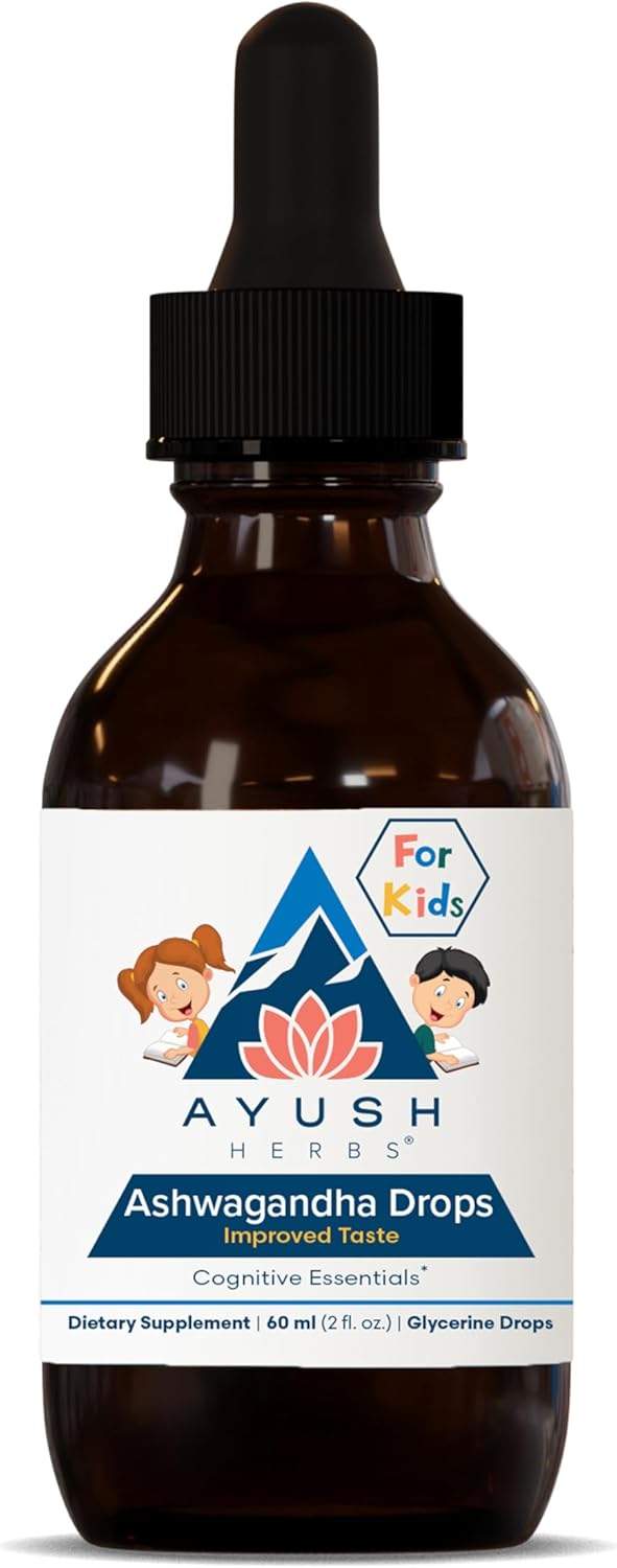 Ayush Herbs Ashwagandha Drops - Alcohol-Free Calming Daily Supplement for Kids & Adults, Organic Lemon Flavor - 2 Fl Oz