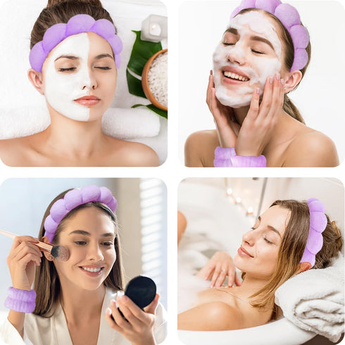 Spa Headbands for Washing Face, Wristband Set, Soft Terry Towel Cloth Hairband for Women, Puffy Headwear (Purple)