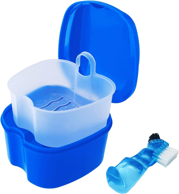Dental Retainer Cup Holder, Mouthguard Cleaning Case with Strainer Basket for Travel Cleaning - Dark Blue