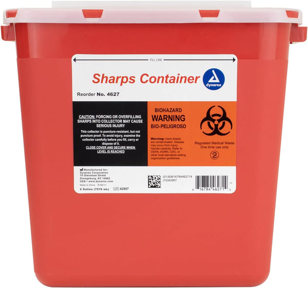 Dynarex Sharps Container, Safe Disposal of Medical Waste and Needles, 2 Gallons, Red with Transparent Lid