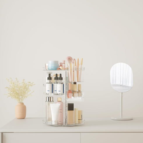 Rotating Makeup Organizer, DIY 8 Adjustable Layers Spinning Skincare Organizer with Brush Holder and Tray