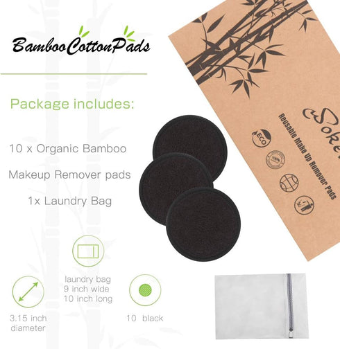 Reusable Makeup Remover Pads Black Washable - 10 Pack Organic Cotton Rounds for Facial Cleansing
