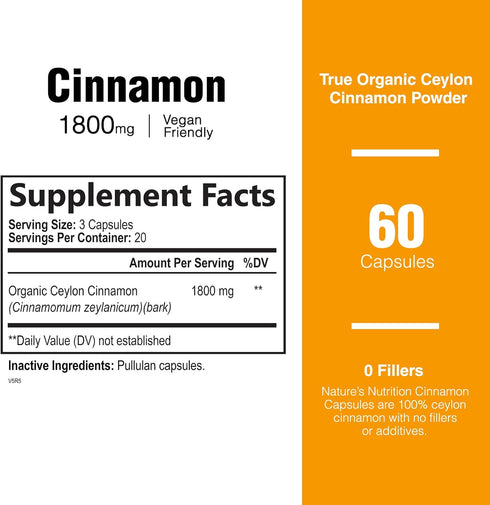 Pure Cinnamon Capsules, Certified Organic Ceylon Cinnamon Pills, Non-GMO, Gluten-Free, Dairy-Free, Sri Lanka Cinnamon Powder Supplement, Best Vegan True Cinnamomum Vitamins, Sugar Free - 60 Capsules