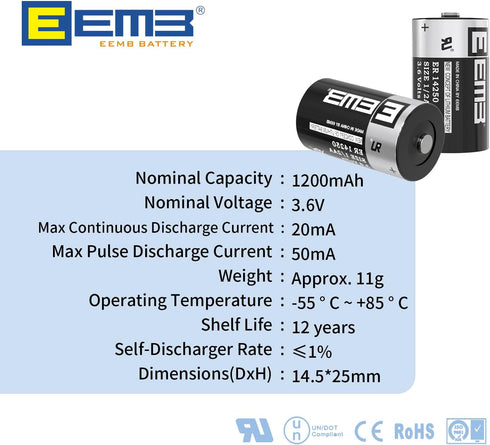 EEMB 4Pack ER14250 1/2AA 3.6V Lithium Battery Li-SOCL2 Non-Rechargeable Battery XL-050F SB-AA02 LS14250 TL-5902 TL-2150 for Dog Collar Meter Sensor Movement Monitor/Home Security System/Alarm System