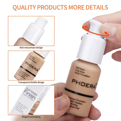 PHOERA Foundation Makeup, Flawless Soft Matte Oil Control Liquid Foundation, Full Coverage Concealer, #102 Nude