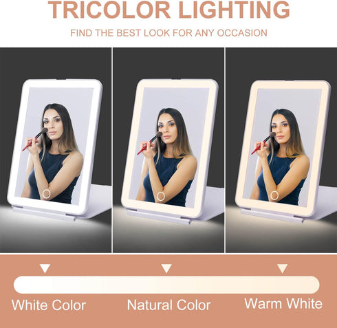 LED Foldable Travel Makeup Mirror - 5x7 inches 3 Colors Light Modes USB Rechargeable Touch Screen, Portable Tabletop Cosmetic Mirror for Travel, Cosmetic, Office (White) by Mocado