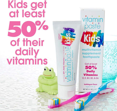 Kids Toothpaste with Daily Multivitamins B3, B5, B6, D, E, Xylitol, Calcium, Fluoride Free, 4.1oz, Bubble Gum