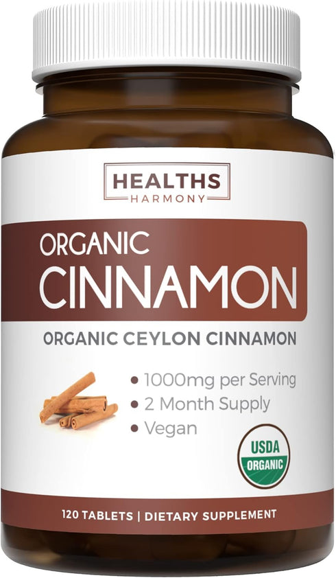 USDA Organic Ceylon Cinnamon - 1000mg Cinnamon Quill Powder per Serving, 120 Tablets for Metabolism, Cognitive, Joint