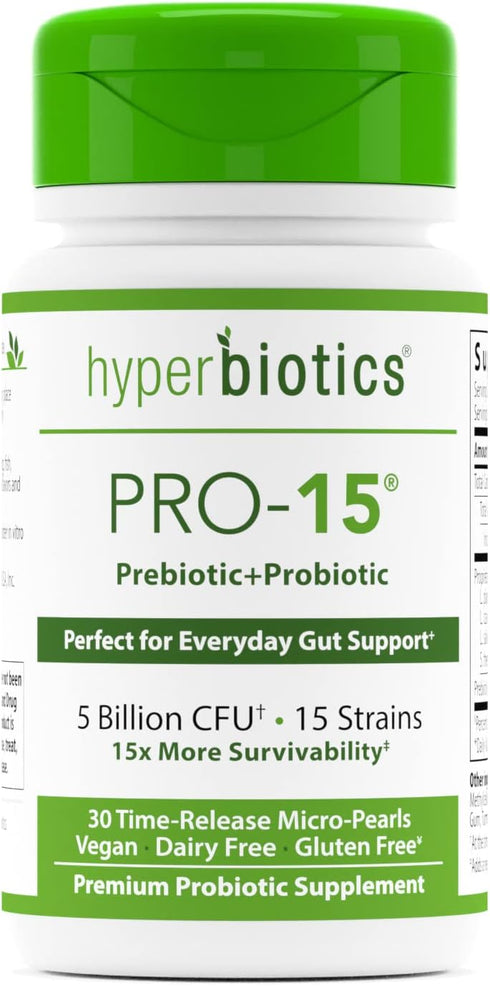 Hyperbiotics Pro 15 Vegan Probiotic Supplement | 30 Count | Time Release Pearls | 15 Diverse Strains | Probiotics for