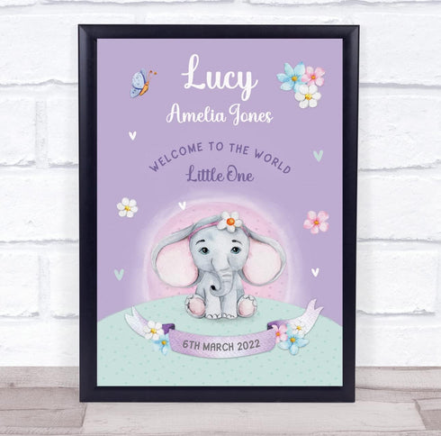 The Card Zoo Elephant Purple New Baby Birth Details Nursery Christening Keepsake Gift Print
