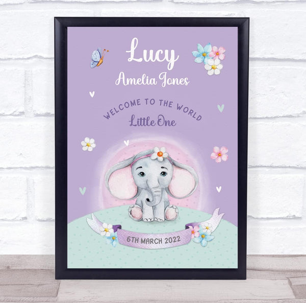 The Card Zoo Elephant Purple New Baby Birth Details Nursery Christening Keepsake Gift Print